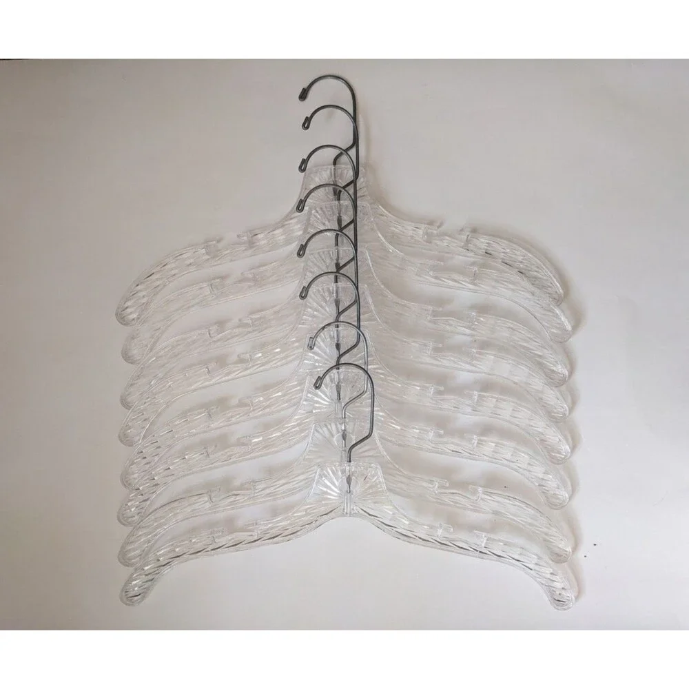Vintage MCM‎ Clear Plastic Ice Crystal Star Burst Prism Clothes Hangers Set of 8